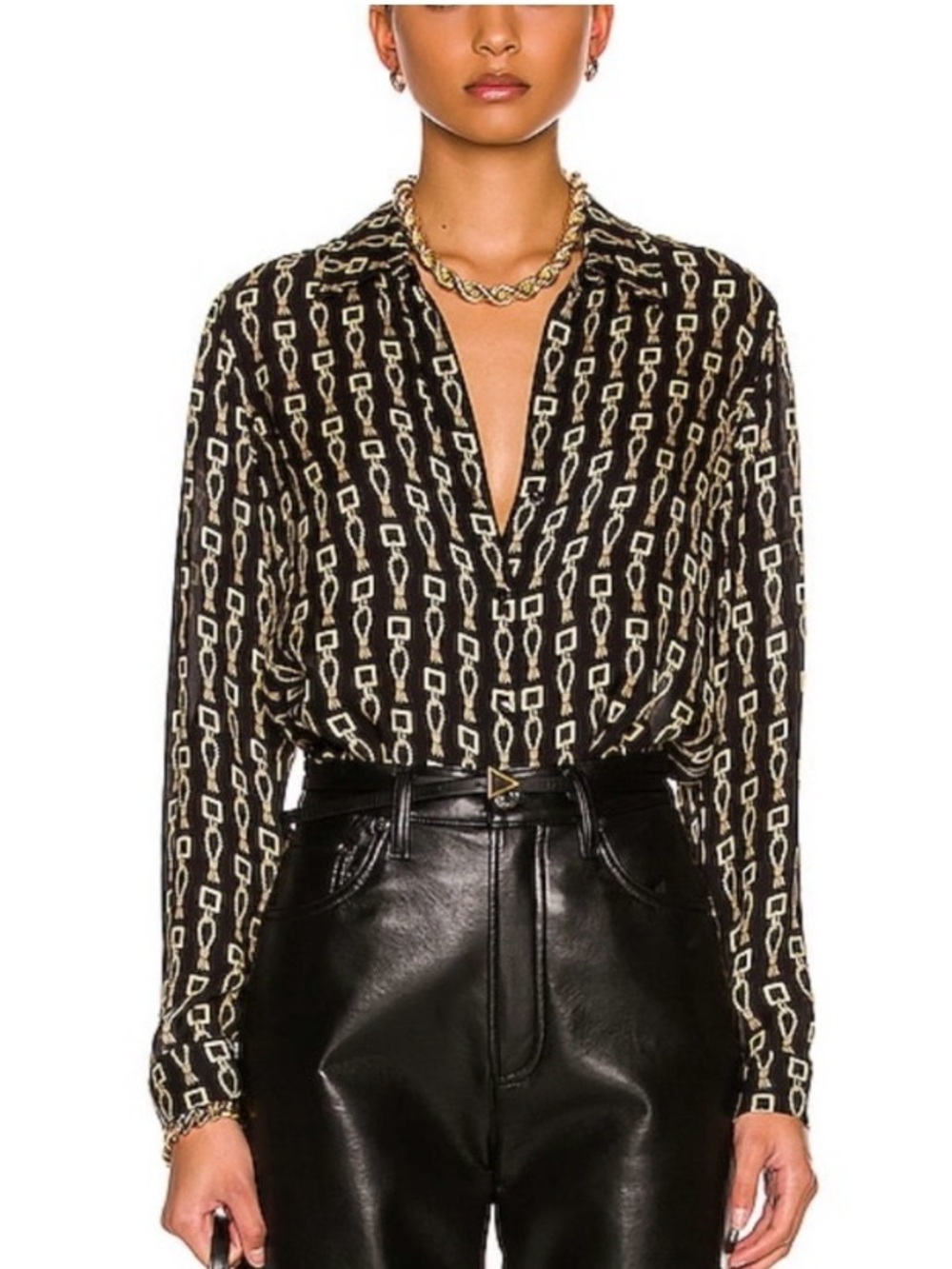 L'AGENCE Black SILK Chain-Print Button-Down Blouse